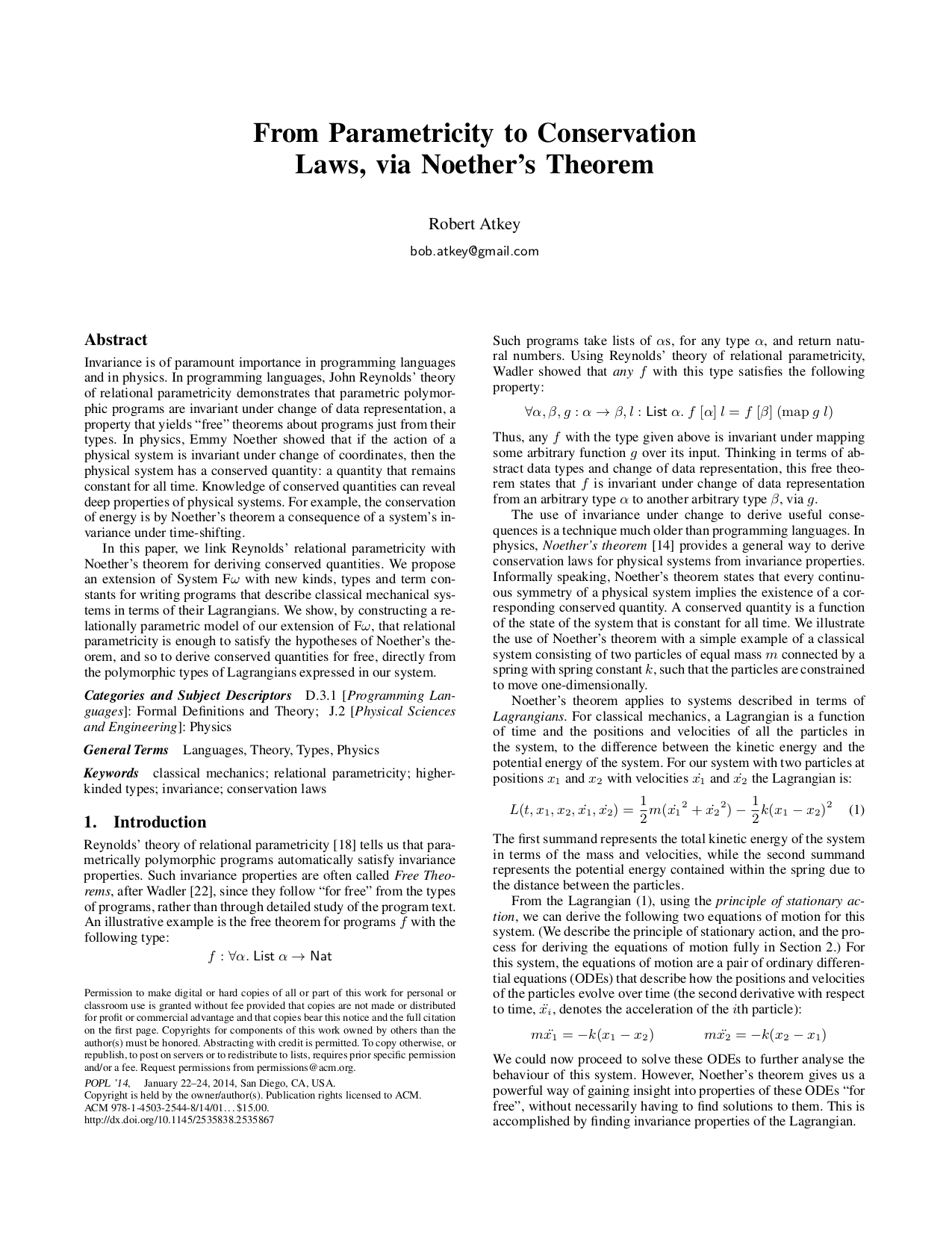 Thumbnail of "From Parametricity to Conservation Laws, via Noether's Theorem" paper